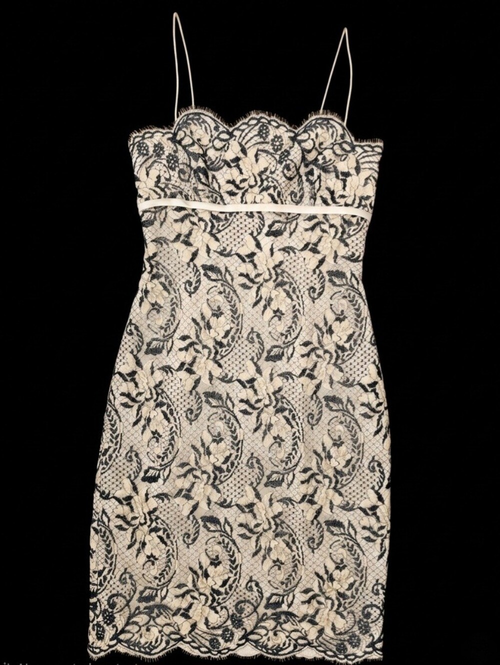 Vintage Carmen Marc Valvo Signature Blue White Lace Sheath Cocktail Dress Sz 6